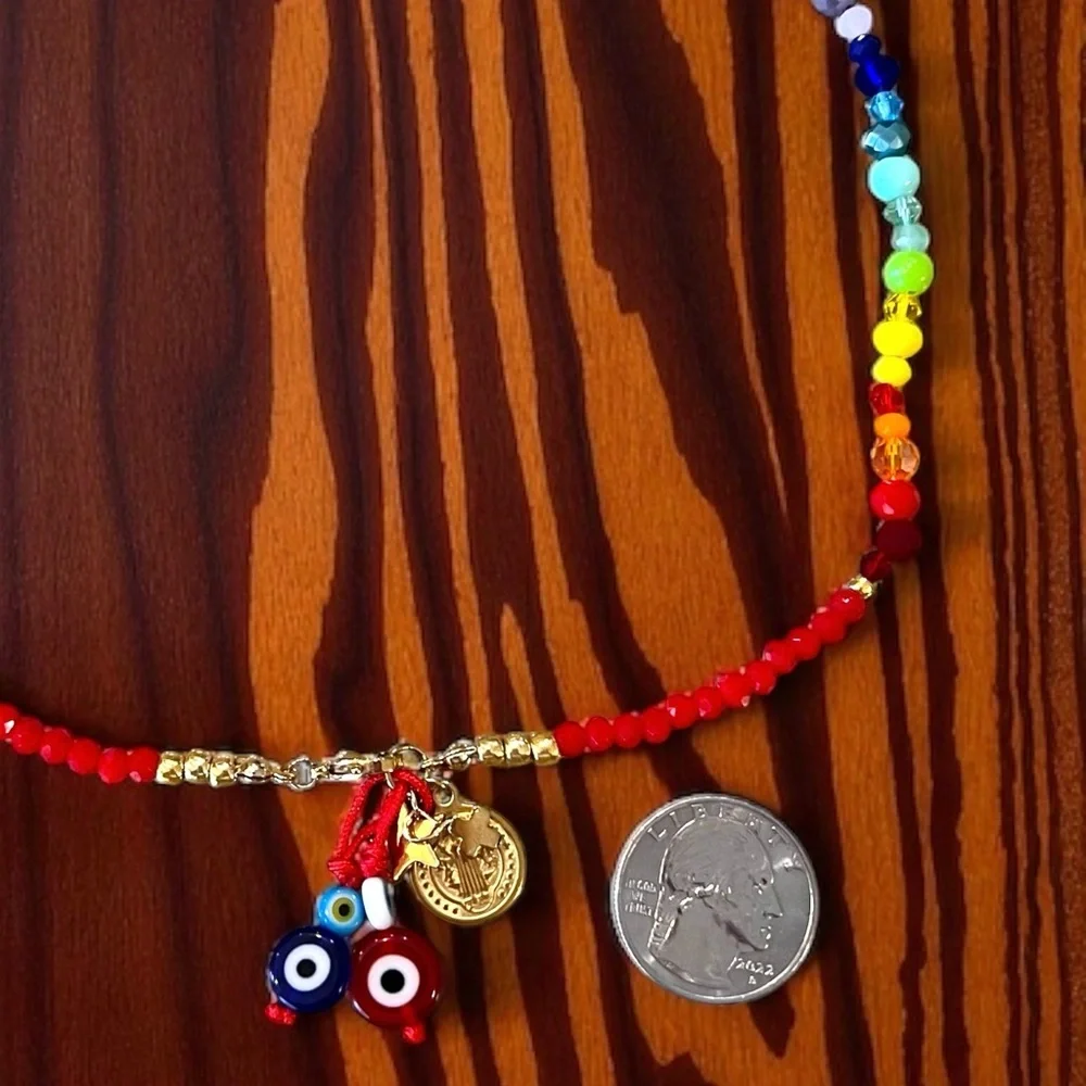 Vibrant Red Hand Beaded Rainbow and Evil Eye Protection Necklace 16”
